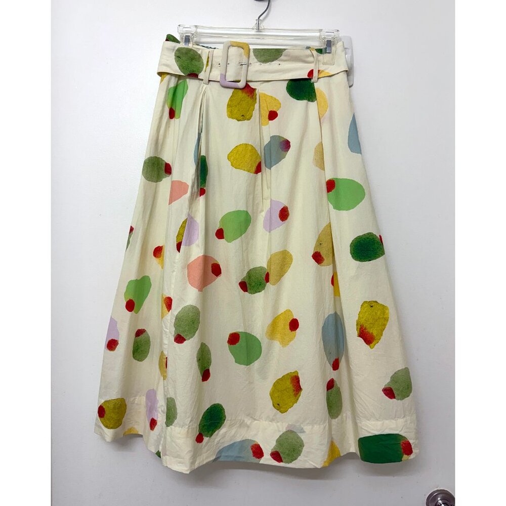 Rachel Antonoff Filthy Martini Olive Print Midi Vinnie Skirt Pleated Dots Belt M - Picture 2 of 14